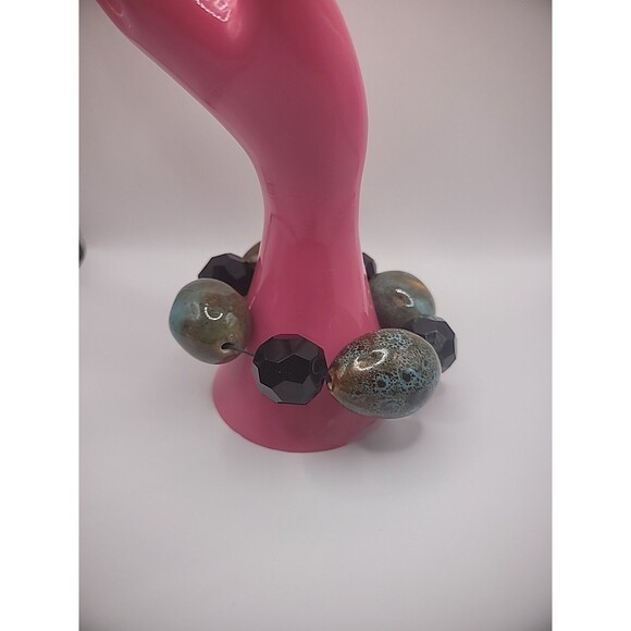 Vintage Bracelet Blue Tan Chalcedony Stone Beaded Black Faceted Stretch - Picture 4 of 10